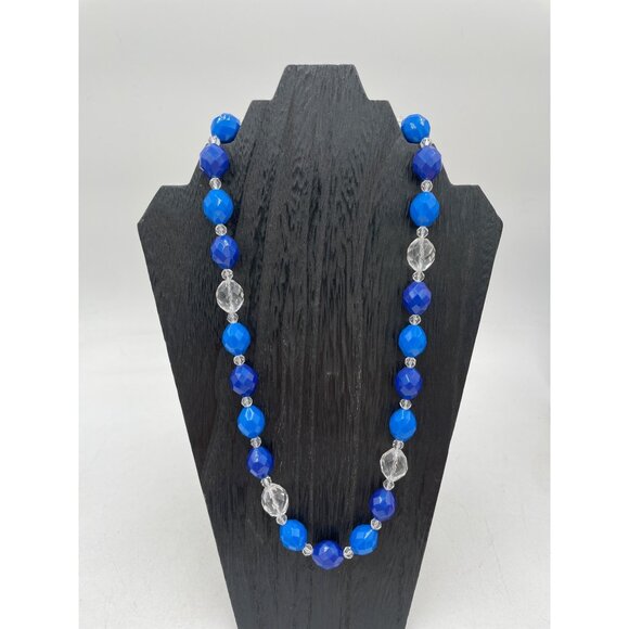 Vintage Blue & Clear Faceted Bead Necklace 1950's Gold Clasp For Women - Picture 1 of 5
